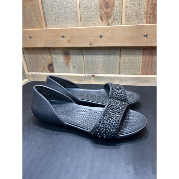 Crocs Womens Black Flat Sandals Beaded Strap Slip-On Comfort Size 7 - Picture 1 of 9